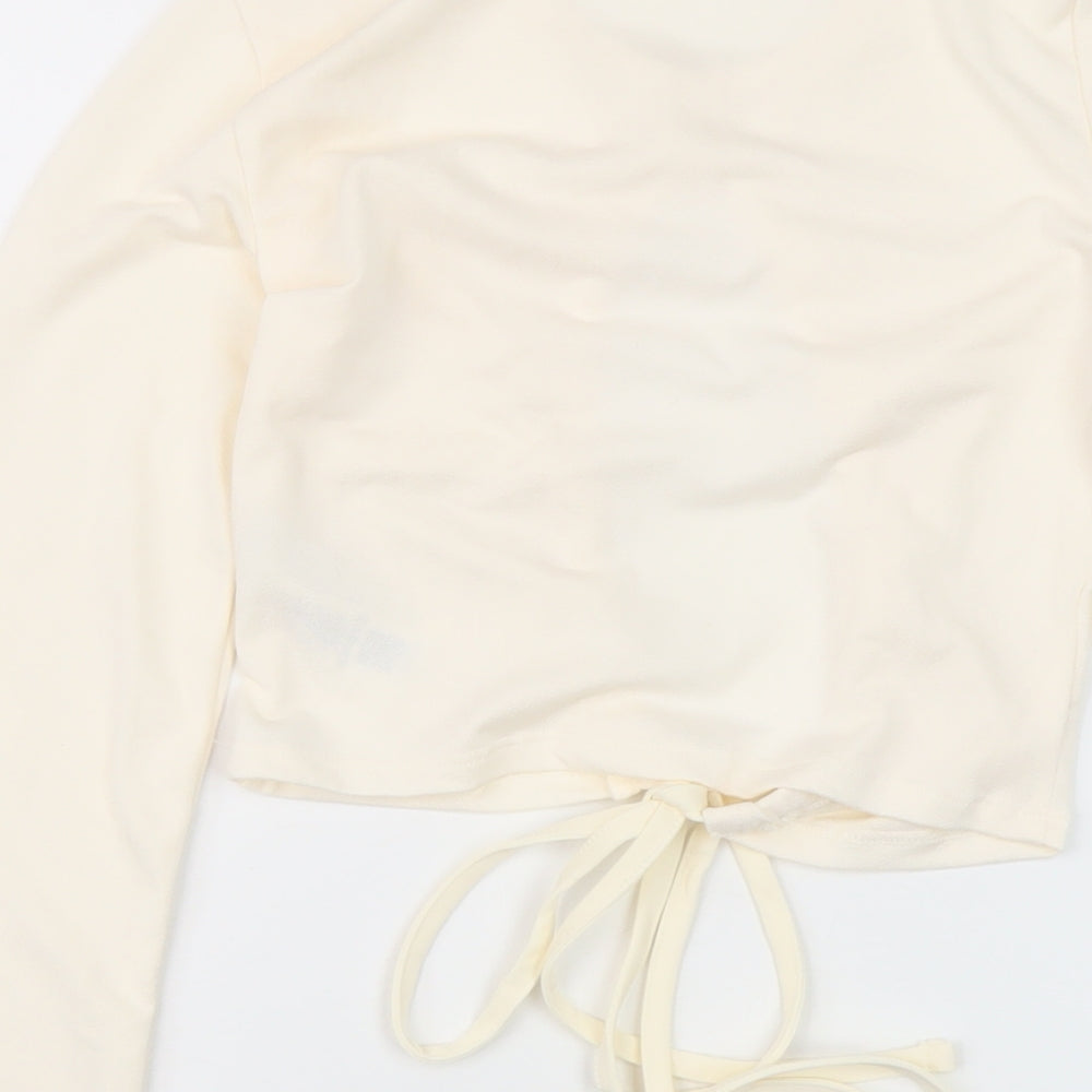 Brand and care label for AsYou women’s ivory polyester cropped blouse, size UK 8, round neck