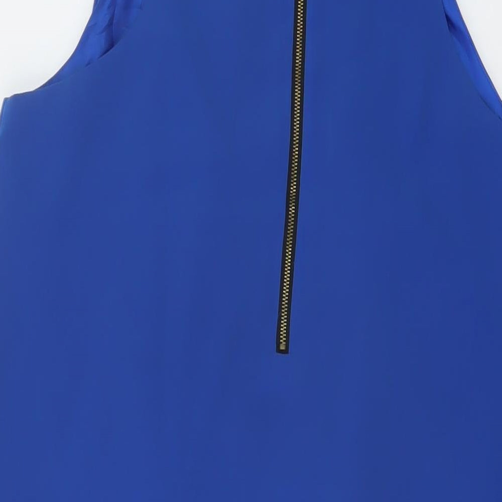 Brand and care label for Sfera women’s blue polyester a-line, size L, mock neck zip