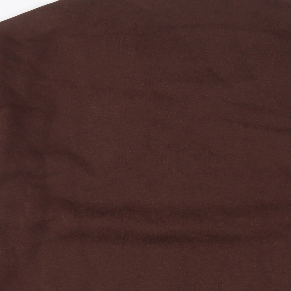 Brand and care label for ASOS men’s brown cotton pullover sweatshirt, size S