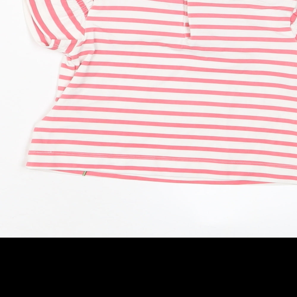 Brand and care label for Mayoral girls’ pink striped cotton basic t-shirt, size 12, months crew neck snap