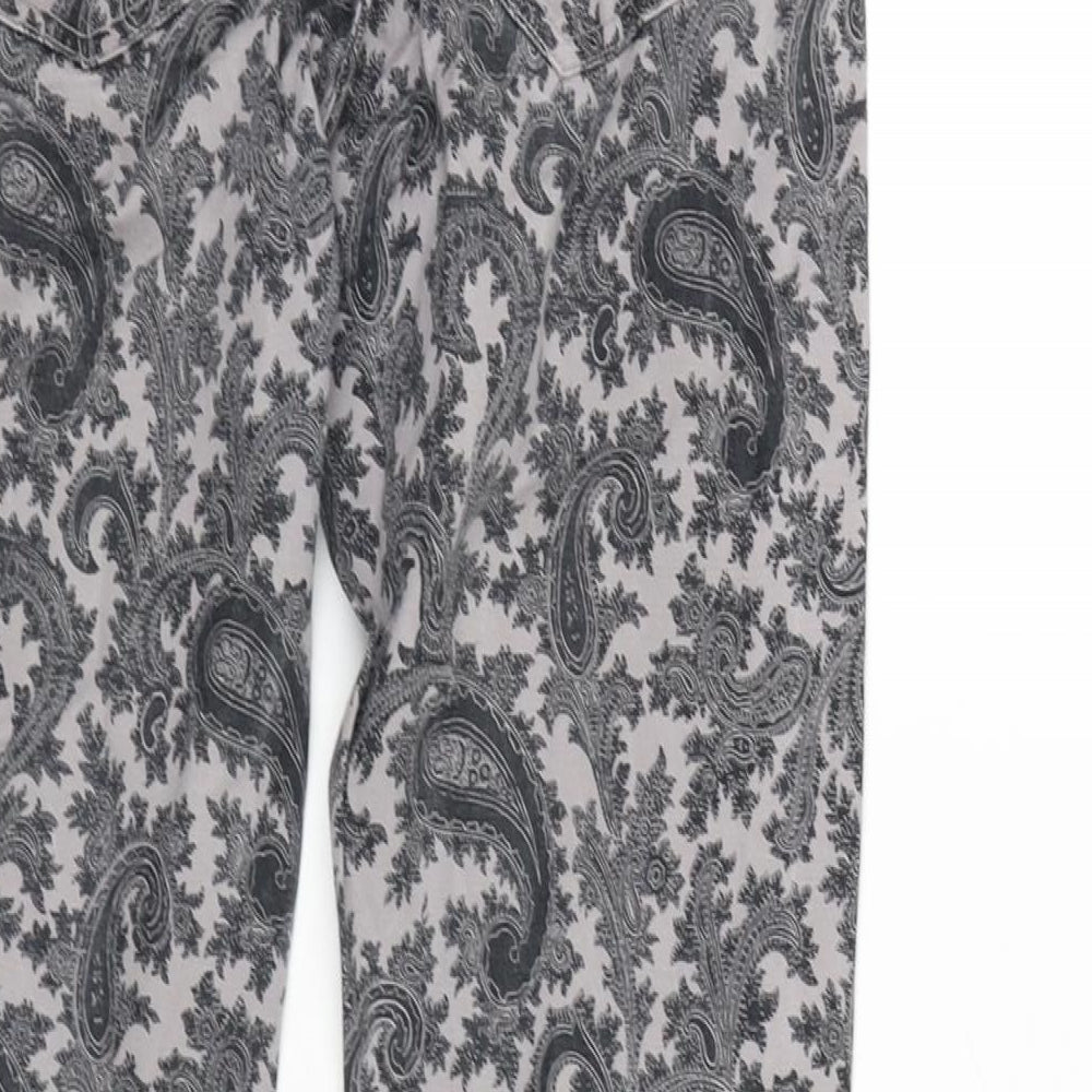Brand and care label for FC Jeans women’s grey paisley cotton blend straight jeans, size UK 10, 27-inch leg extra-slim zip