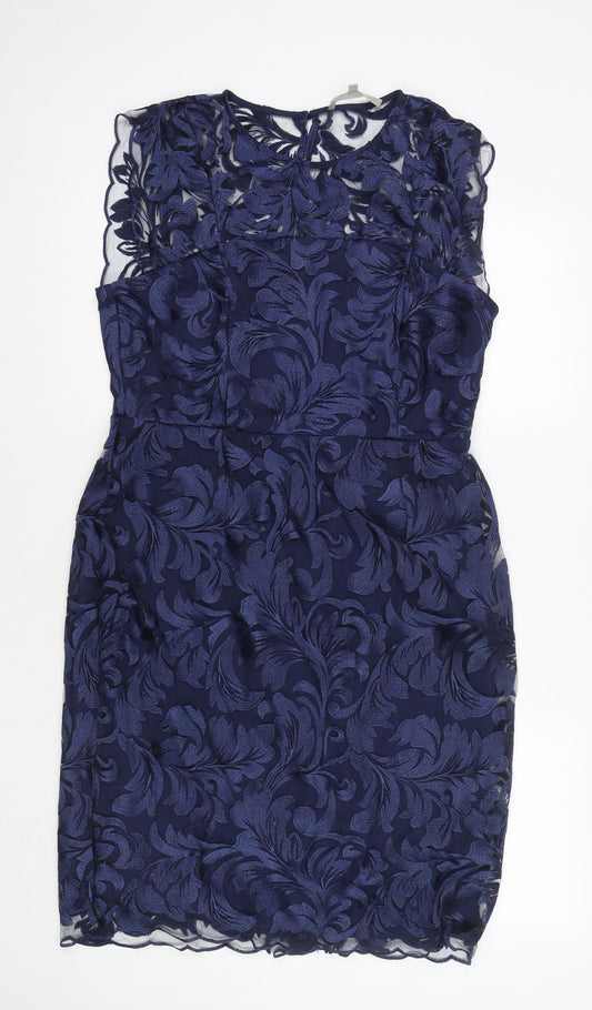 Fenn Wright Manson Womens Blue Floral Polyester A-Line Size 16 Round Neck Zip