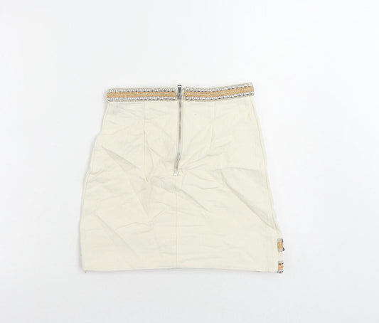 River Island Womens Ivory Cotton Mini Skirt Size 6 Zip - Beaded