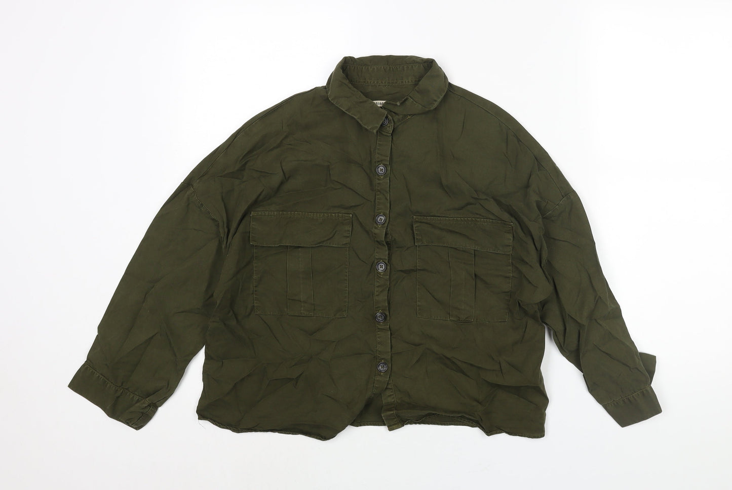Pull&Bear Womens Green Lyocell Basic Button-Up Size S Collared