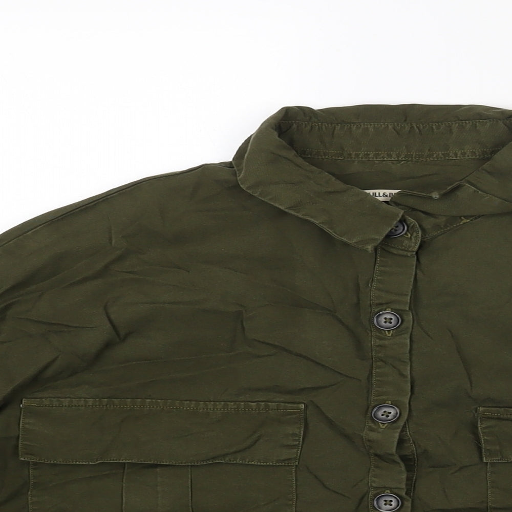 Pull&Bear Womens Green Lyocell Basic Button-Up Size S Collared