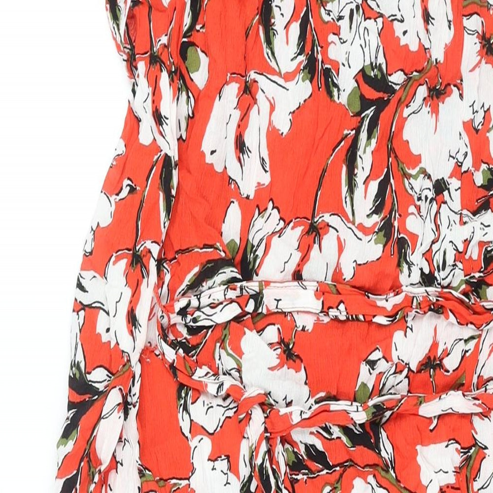 Brand and care label for ICHI women’s red floral viscose shift, size S, scoop neck pullover - frill cold shoulder