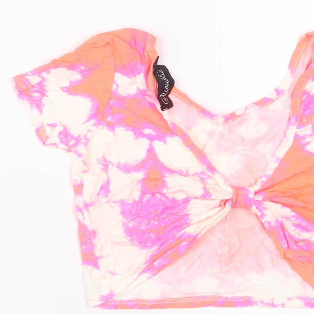 Republic Womens Pink Geometric Viscose Cropped T-Shirt Size 2XS Crew Neck