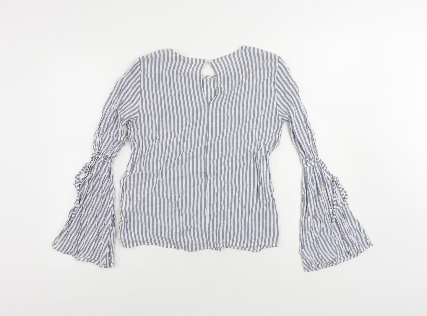 Pull&Bear Womens Blue Striped Viscose Basic Blouse Size S Round Neck - Flare Sleeve