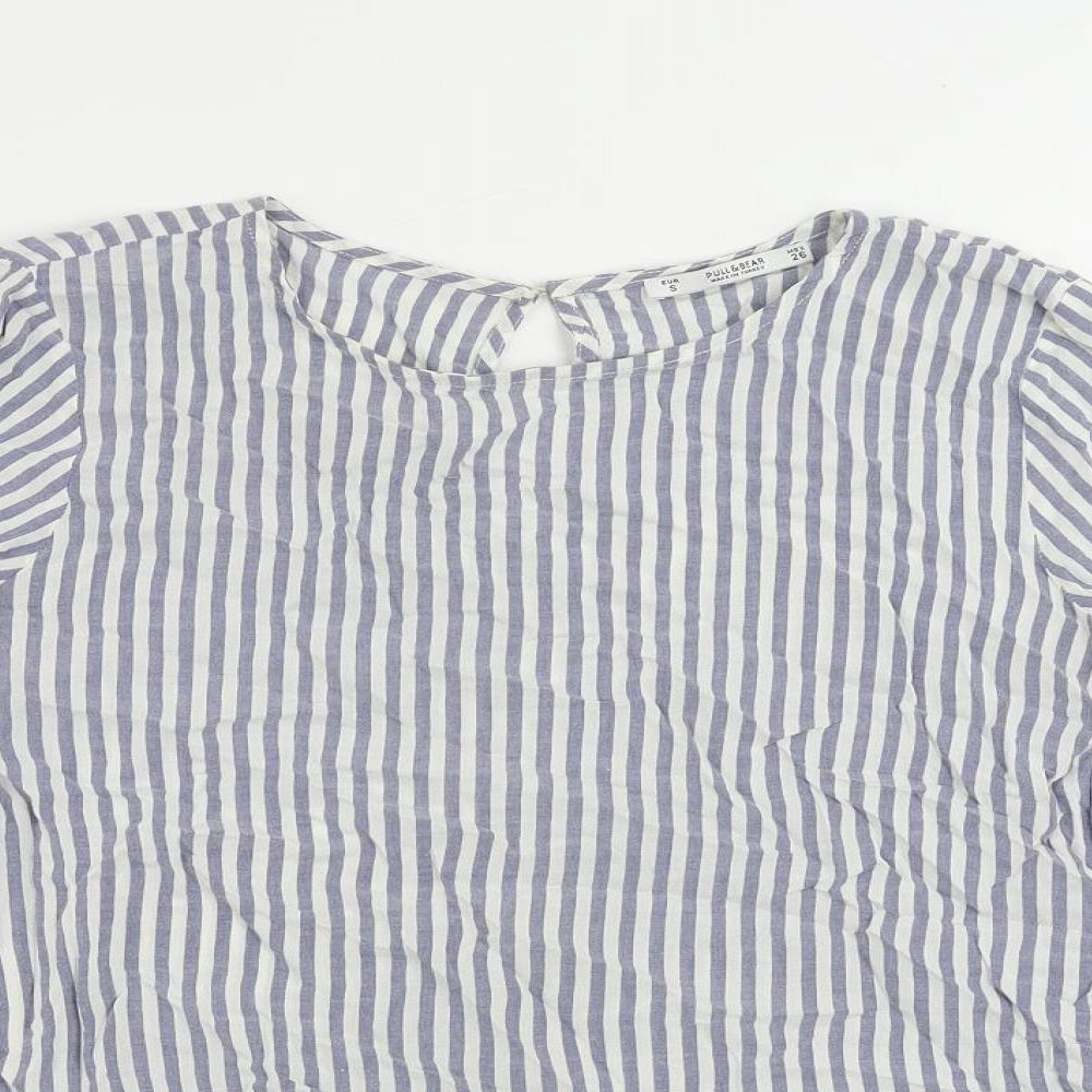 Pull&Bear Womens Blue Striped Viscose Basic Blouse Size S Round Neck - Flare Sleeve