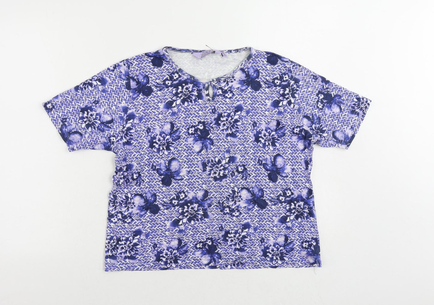 EWM Womens Blue Geometric Cotton Basic T-Shirt Size 14 Round Neck - Size 14-16