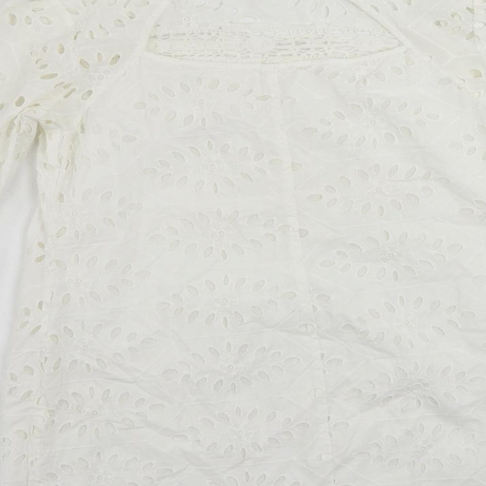 Brand and care label for Miss Selfridge women’s white cotton shift, size UK 12, round neck button - broderie anglaise