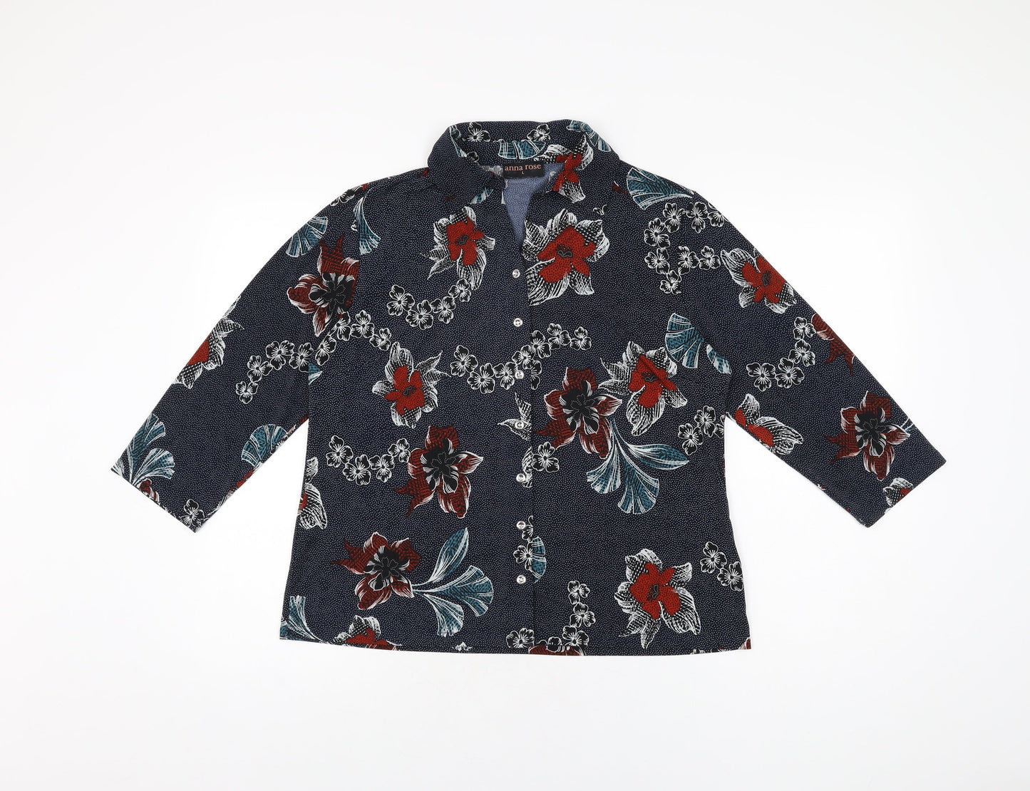 Anna Rose Womens Blue Floral Polyester Basic Button-Up Size L Collared
