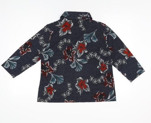 Anna Rose Womens Blue Floral Polyester Basic Button-Up Size L Collared