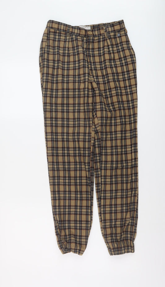 Pull&Bear Womens Brown Plaid Polyester Trousers Size S L27 in Regular Button