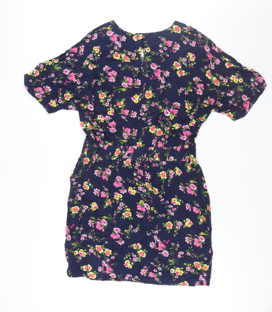Warehouse Womens Blue Floral Viscose Shift Size 16 Round Neck Button