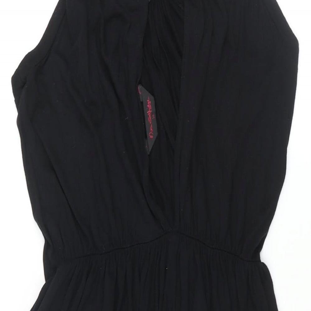 Brand and care label for Miss Selfridge women’s black viscose shift, size UK 10, round neck button - beaded neckline