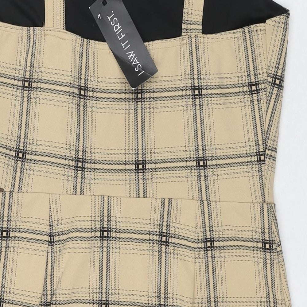 Brand and care label for I SAW IT FIRST women’s beige check polyester tank dress, size UK 14, square neck pullover