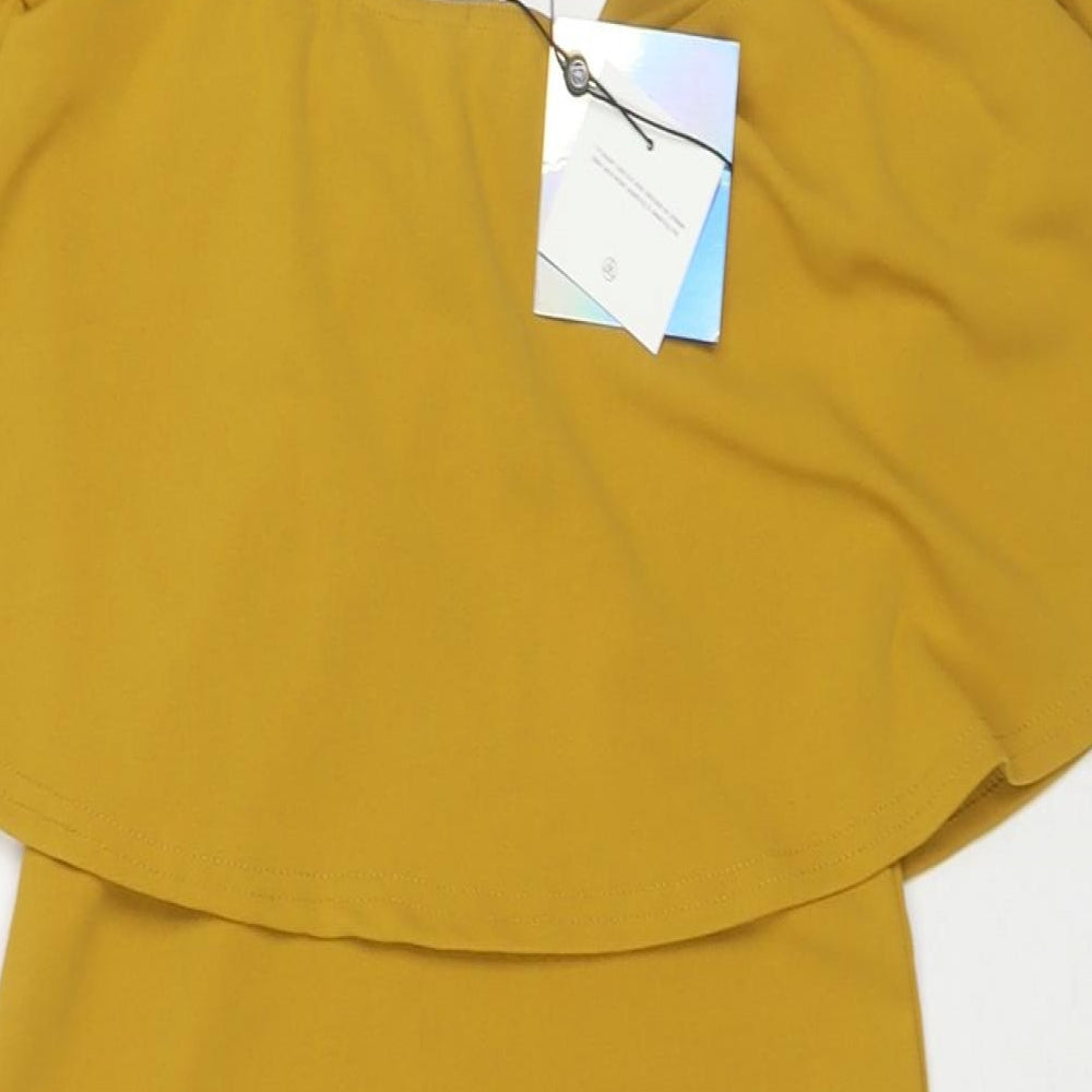 Brand and care label for Missguided women’s yellow polyester bodycon, size UK 8, off the shoulder pullover