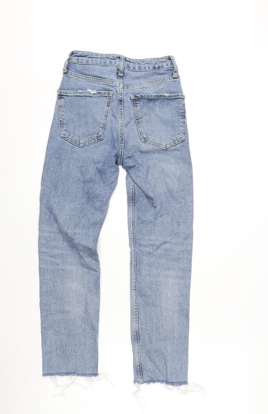 Zara Womens Blue Cotton Blend Straight Jeans Size 4 L23 in Regular Zip - Raw Hem