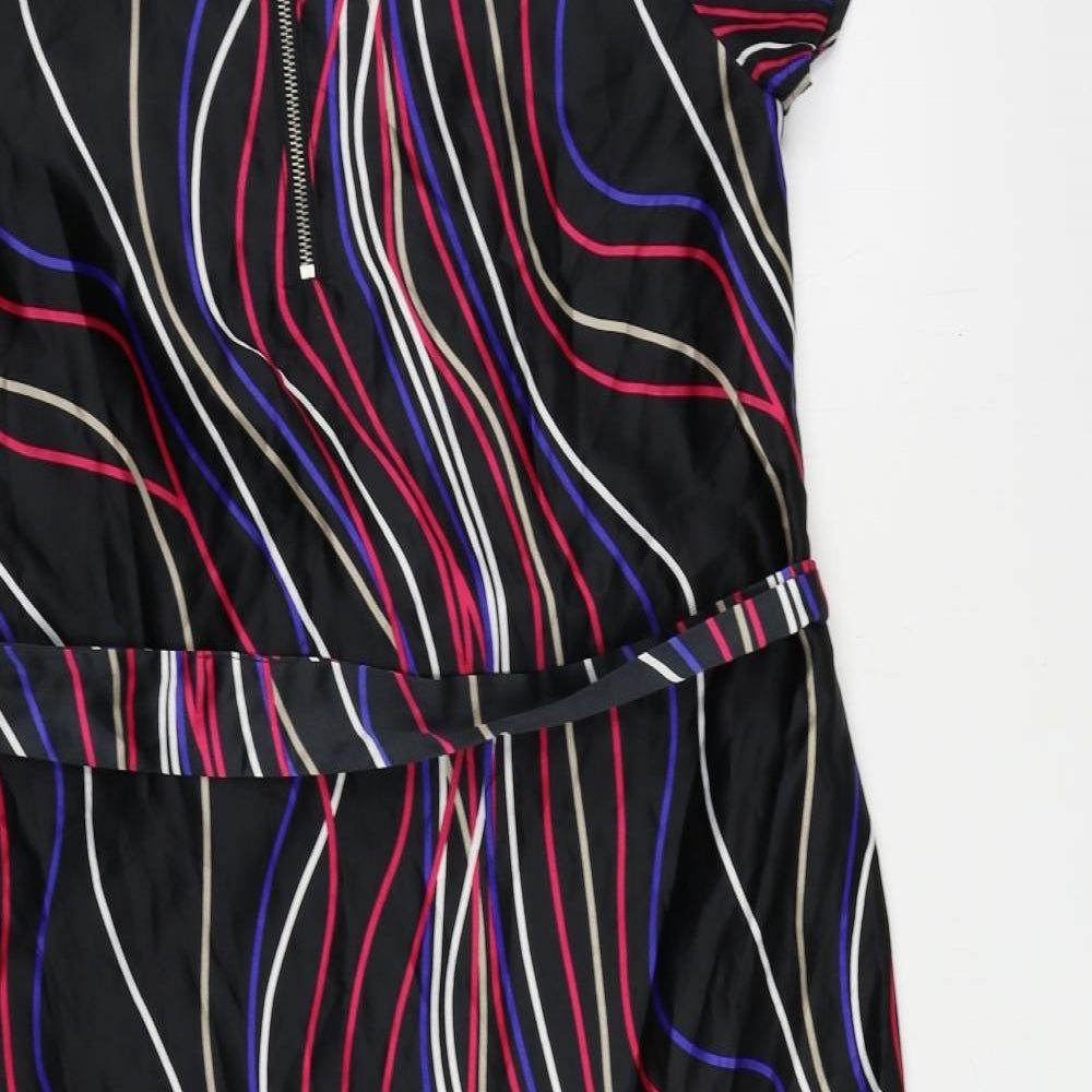 Marks and Spencer Womens Black Geometric Polyester Sheath Size 16 Boat Neck Zip - Belted