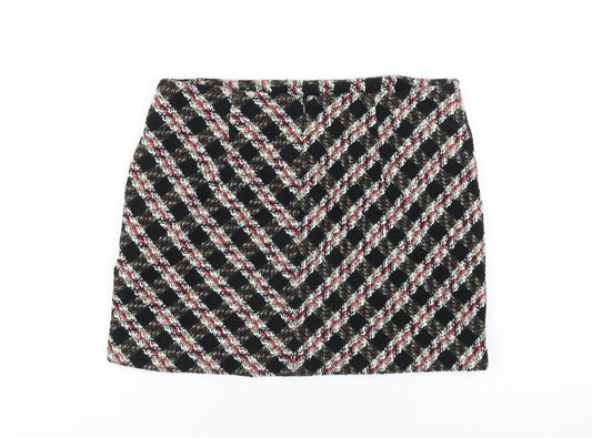 Zara Womens Multicoloured Plaid Cotton A-Line Skirt Size L Zip