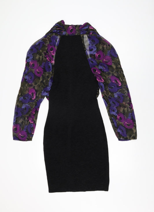Unit Seven Womens Black Floral Polyester Bodycon Size 10 Square Neck Pullover