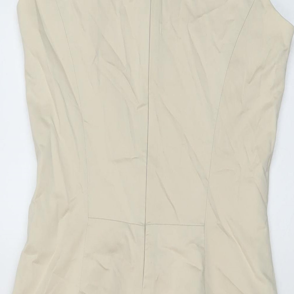 Brand and care label for French Connection women’s beige cotton bodycon, size UK 10, round neck zip