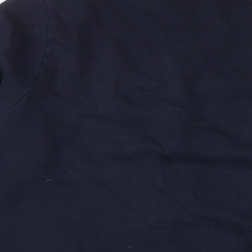 Brand and care label for ASOS men’s blue cotton pullover sweatshirt, size M