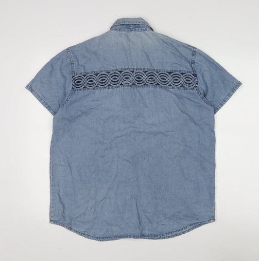 RE&X Womens Blue Cotton Basic Blouse Size L Collared - Detail Front & Back.