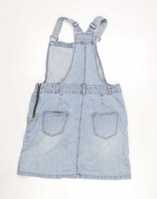 New Look Womens Blue Cotton Pinafore/Dungaree Dress Size 12 Scoop Neck Snap