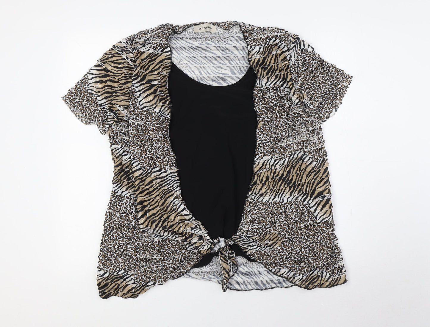 BASSINI Womens Brown Animal Print Polyester Basic Blouse Size L Boat Neck - Tie Front