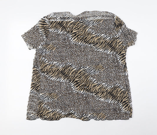 BASSINI Womens Brown Animal Print Polyester Basic Blouse Size L Boat Neck - Tie Front