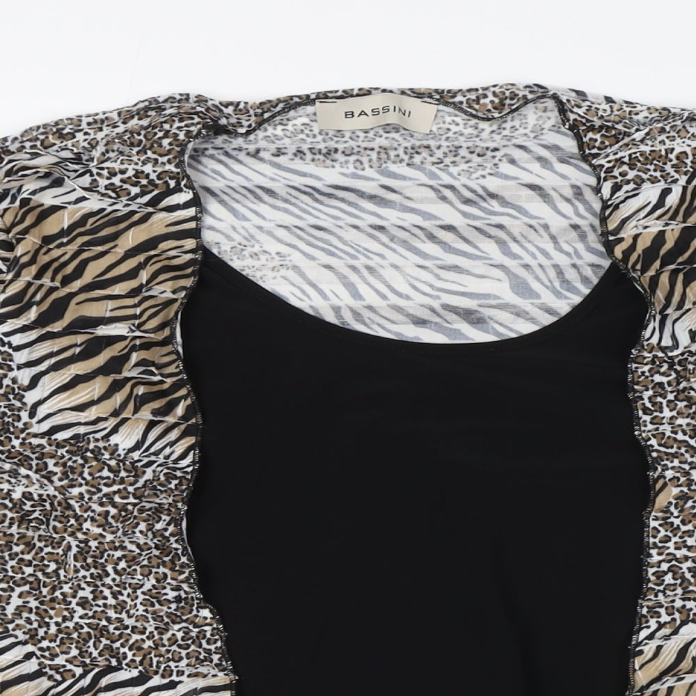 BASSINI Womens Brown Animal Print Polyester Basic Blouse Size L Boat Neck - Tie Front