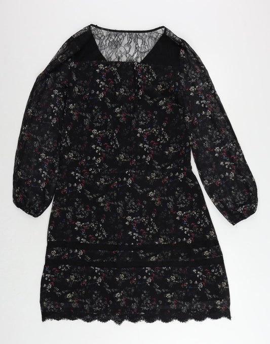 Label Lab Womens Black Floral Polyester A-Line Size 6 V-Neck Button - Lace Detail