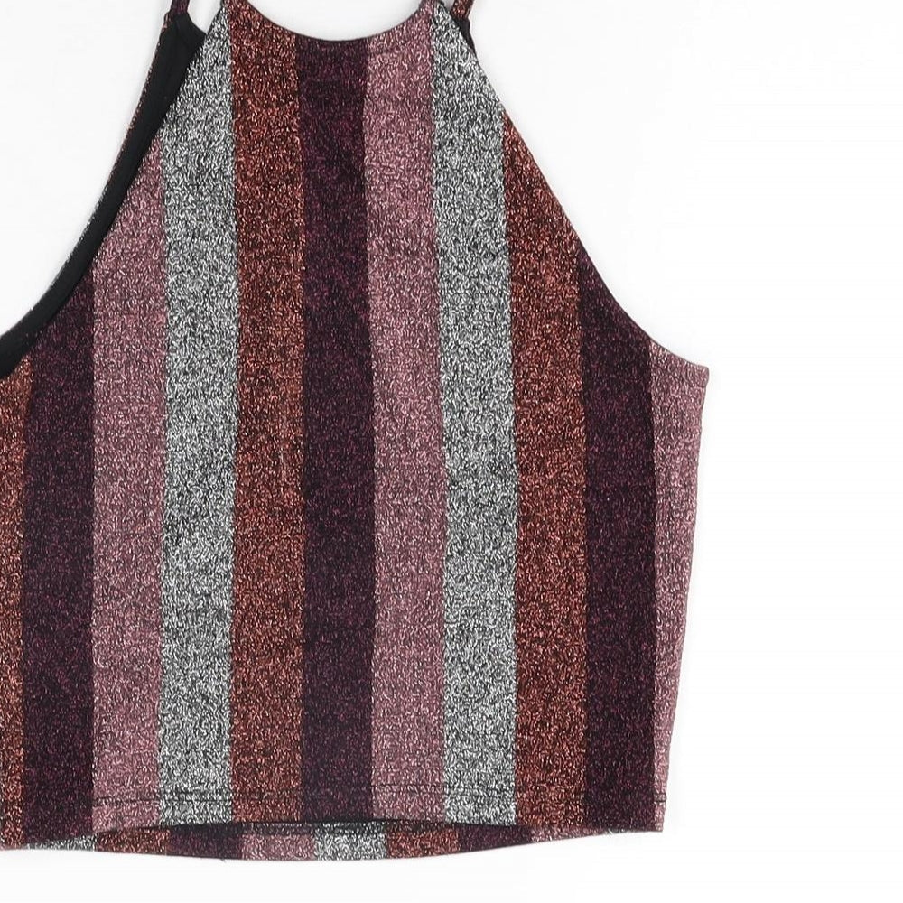Topshop Womens Multicoloured Striped Polyester Cropped T-Shirt Size 8 Round Neck