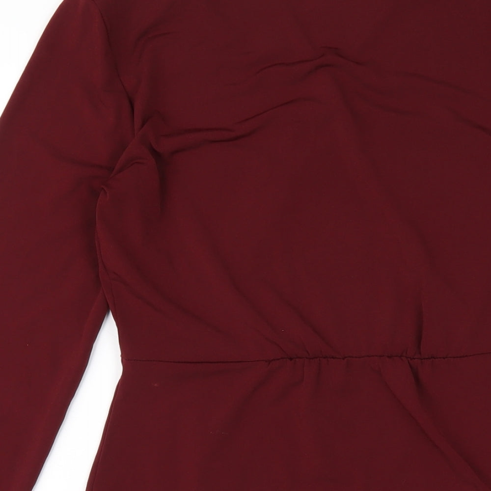 Brand and care label for French Connection women’s red polyester bodycon, size UK 12, v-neck pullover