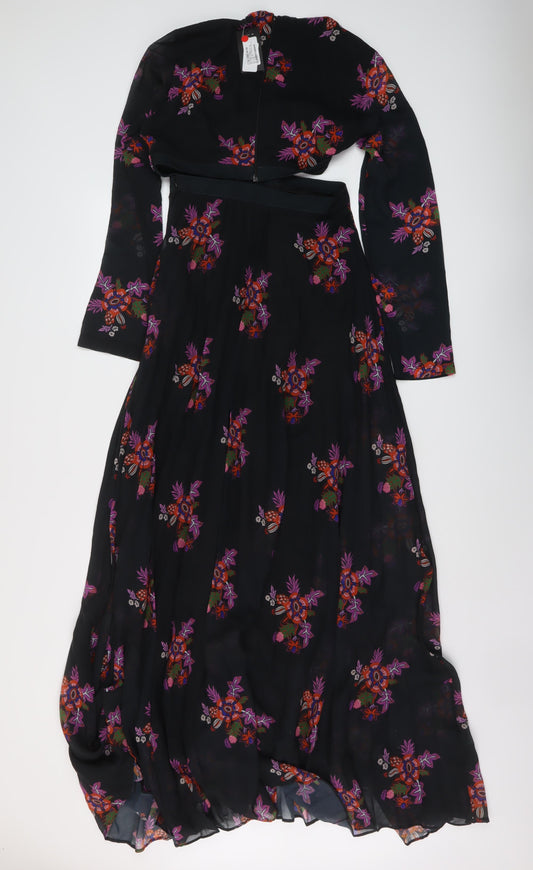 Zibi London Womens Black Floral Polyester Maxi Size 8 V-Neck Zip