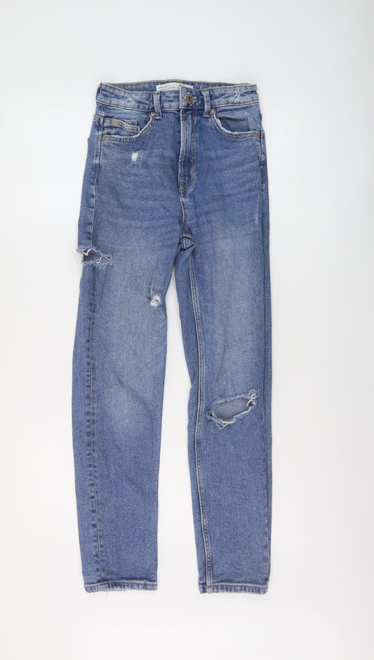 Stradivarius Womens Blue Cotton Mom Jeans Size 6 L27 in Slim Button