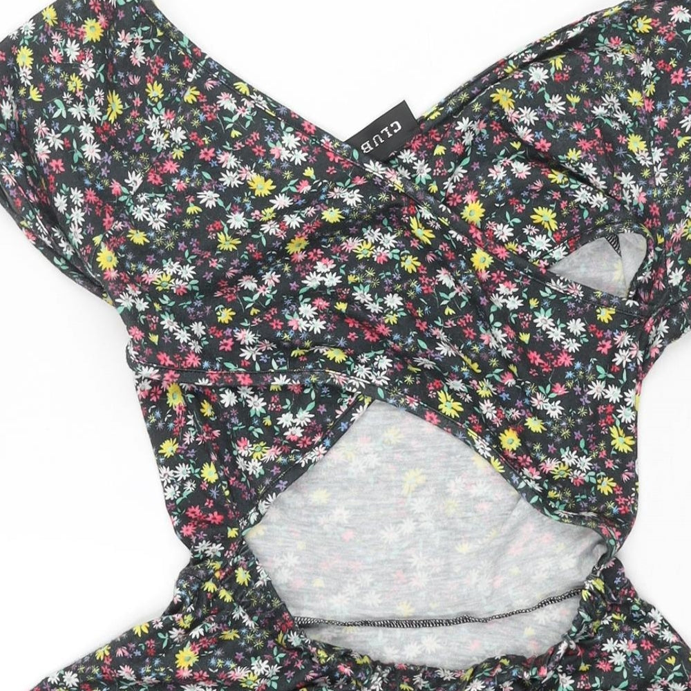 Brand and care label for Club L women’s multicoloured floral polyester a-line, scoop neck pullover - cross back cut out