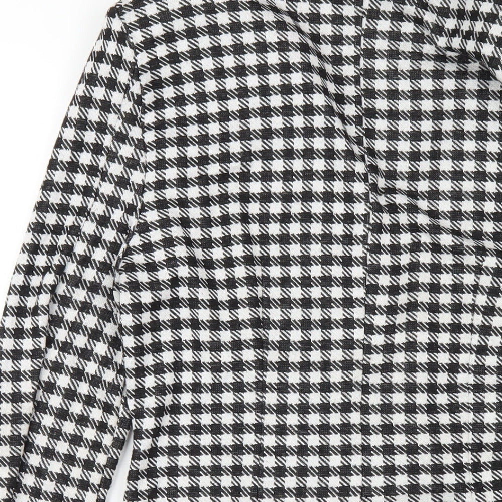 Brand and care label for ASOS women’s black check polyester jacket dress, size UK 12, collared button
