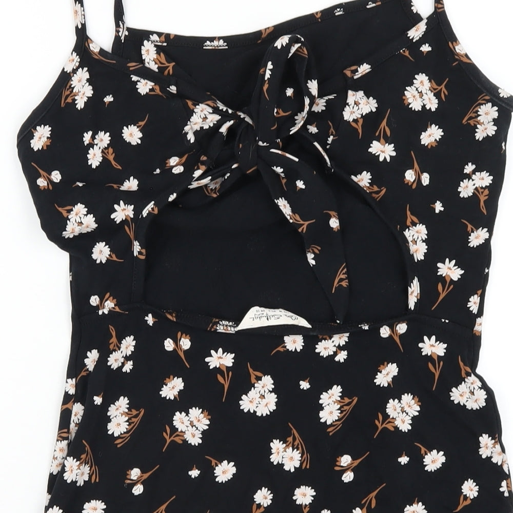 Brand and care label for Miss Selfridge women’s black floral cotton bodycon, size UK 10, square neck pullover