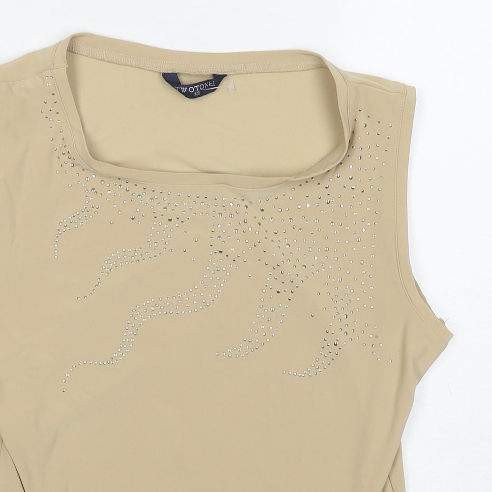 Two Tone Womens Beige Elastane Basic Tank Size 12 Round Neck