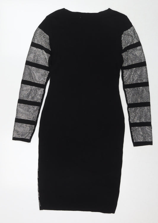 Allyson Womens Black Viscose Bodycon Size M Round Neck Pullover - Embellishment Detail