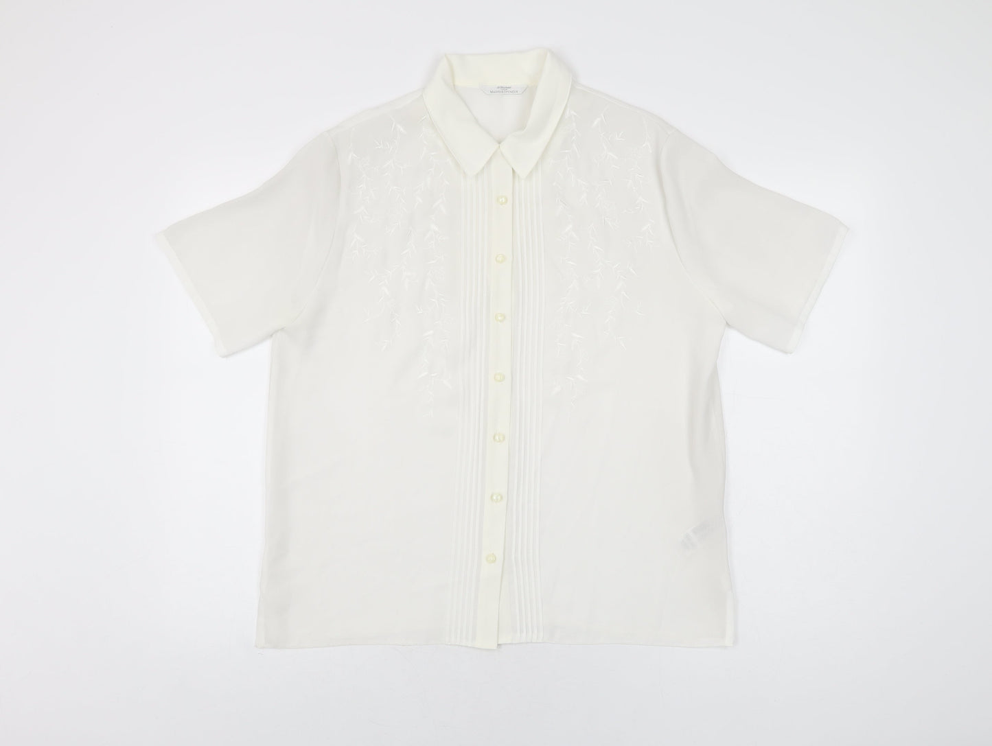 St Michael Womens White Floral Polyester Basic Button-Up Size 14 Collared
