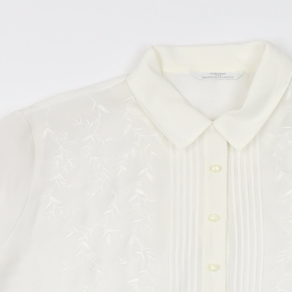 St Michael Womens White Floral Polyester Basic Button-Up Size 14 Collared