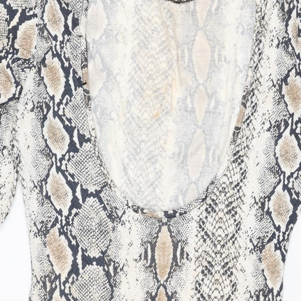 Brand and care label for Missguided women’s beige animal print viscose bodycon, size UK 14, round neck pullover