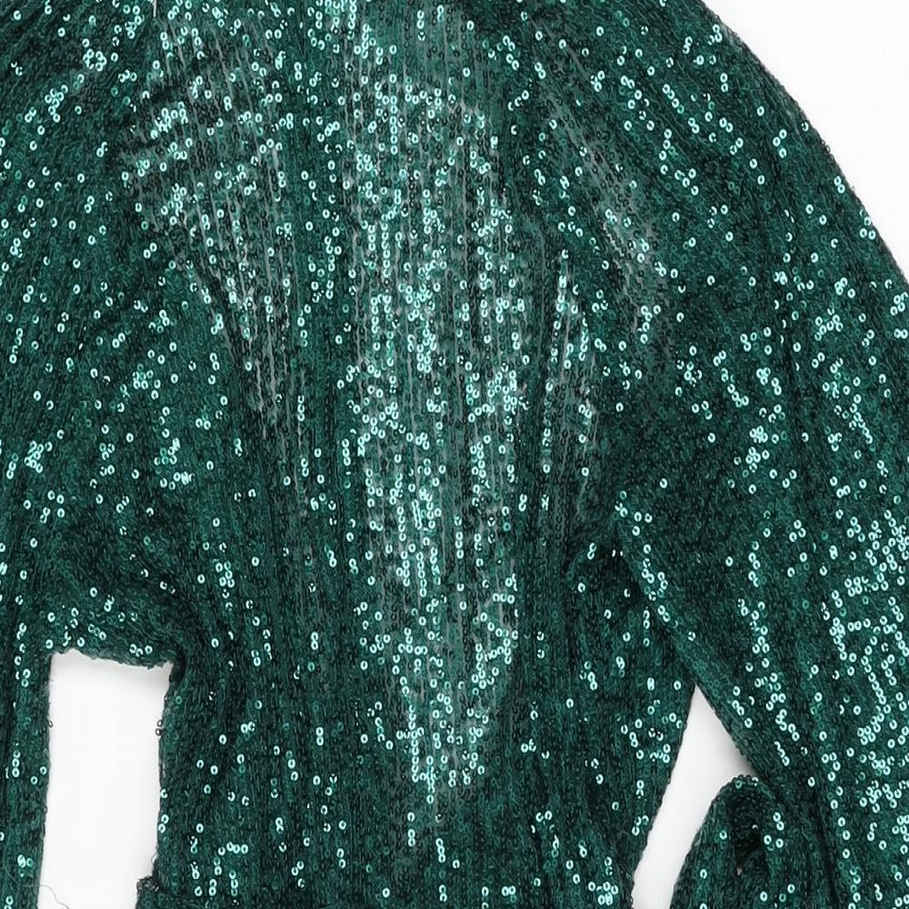 Brand and care label for I SAW IT FIRST women’s green polyester mini, size UK 8, v-neck zip - sequins