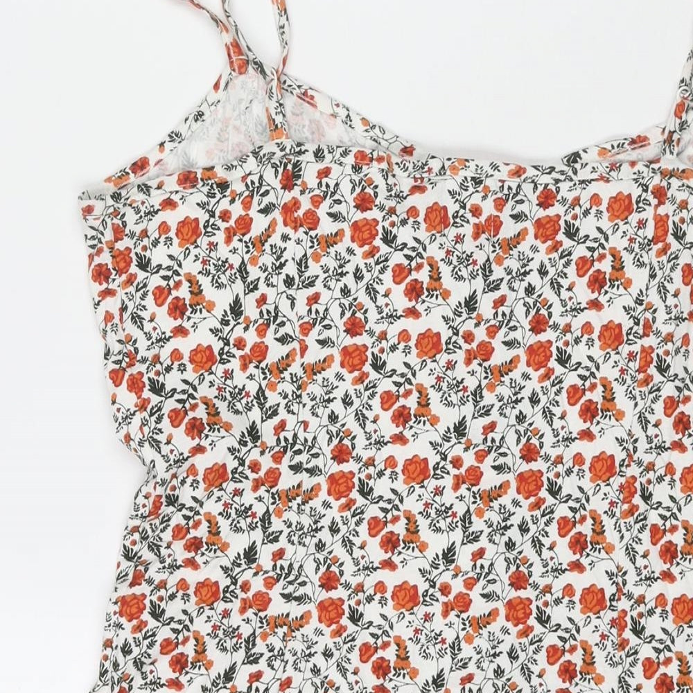 Brand and care label for ASOS women’s multicoloured floral cotton mini, size UK 14, scoop neck button
