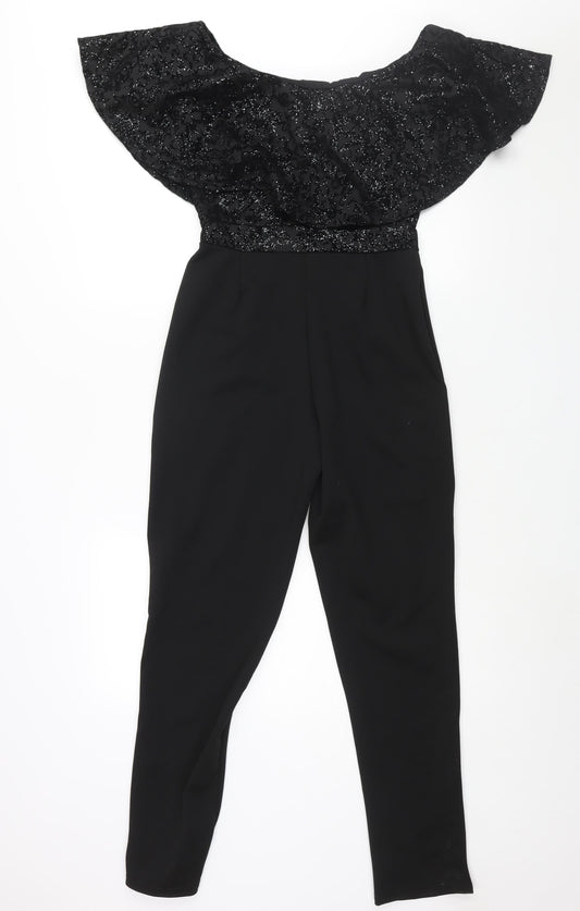 Quis Womens Black Polyester Jumpsuit One-Piece Size 10 L29 in Pullover - Velvet Geometric Print Bodice Frill