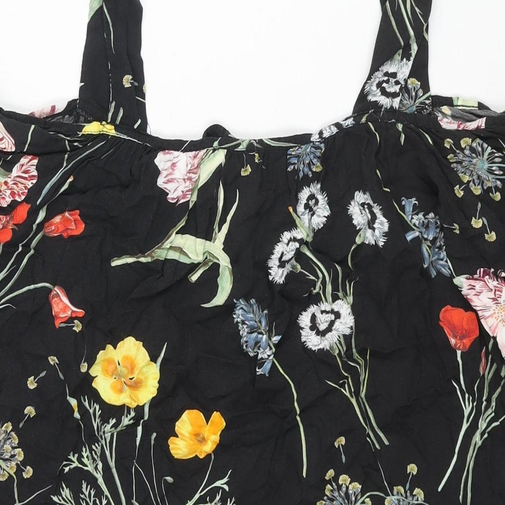 Brand and care label for Paraphrase women’s black floral polyester mini, size UK 10, square neck tie - cold shoulder